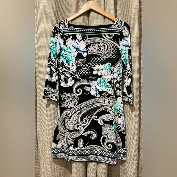 white house black market blue dress White House Black Market Black Blue & Gray Floral Embroidered Dress main image 0